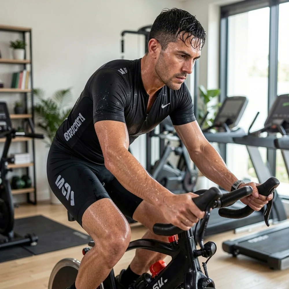 A sweaty cyclist riding